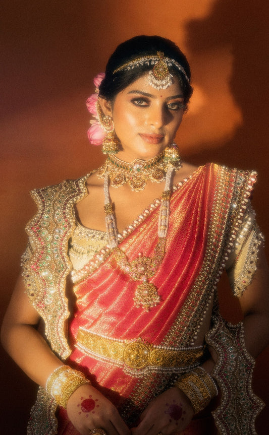 BRIDAL MUHURTAM SAREE IN PINK AND OFF-WHITE