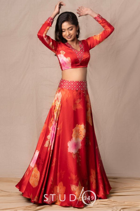 DESIGNER FLORAL PRINTED CROP TOP SKIRT