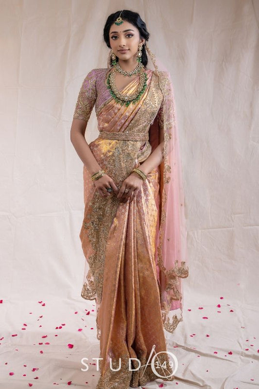 BRIDAL HAND EMBROIDERED KANCHEEVARAM SAREE IN PEACH