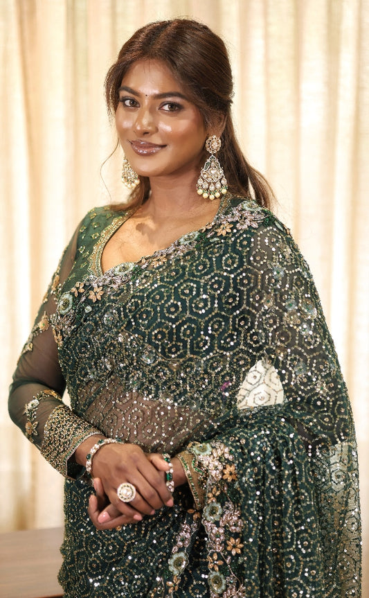 Emerald Green Hand-Embroidered Designer Saree | Reception wear | Studio149