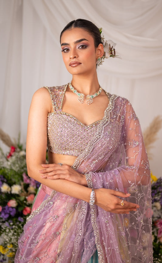 Kanjeevaram multi- panel lehenga in pastel | Engagement / Bridal wear by Studio149, Chennai