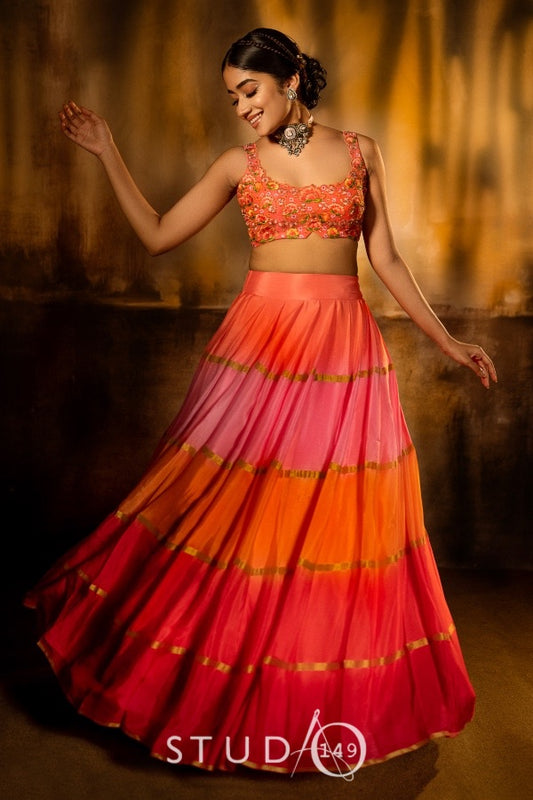 DESIGNER EMBELLISHED SALMON PINK CROP TOP & COLOR BLOCKED SKIRT