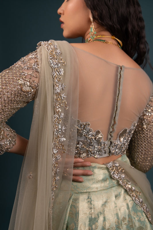 BRIDAL KANJEEVARAM HALF SAREE SET IN SILVER & BLUE