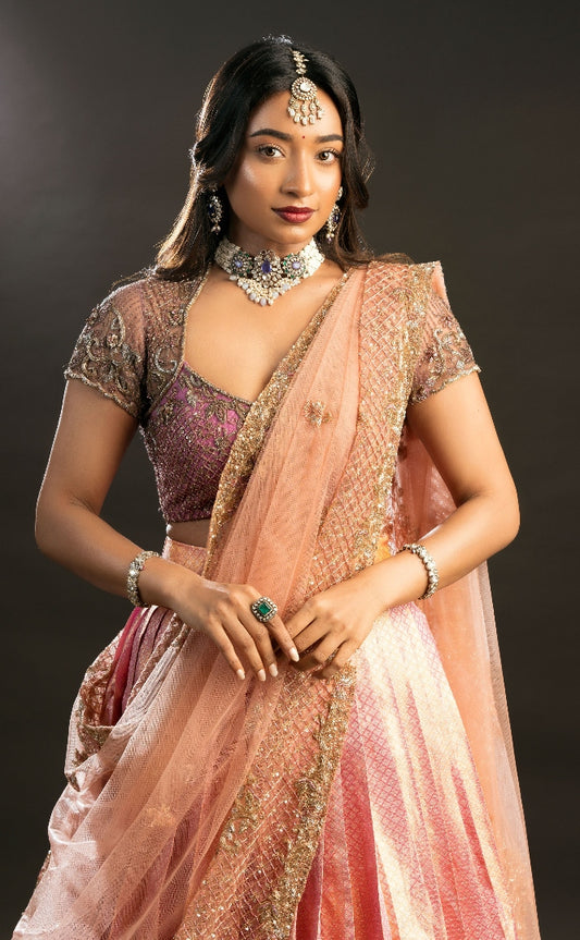 BRIDAL KANJEEVARAM HALF SAREE IN PEACH AND MAUVE