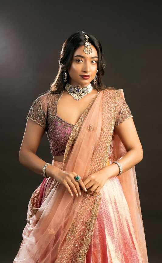 BRIDAL KANJEEVARAM HALF SAREE IN PEACH AND MAUVE