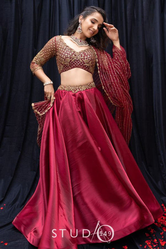 BURGUNDY WEDDING ORGANZA LEHENGA