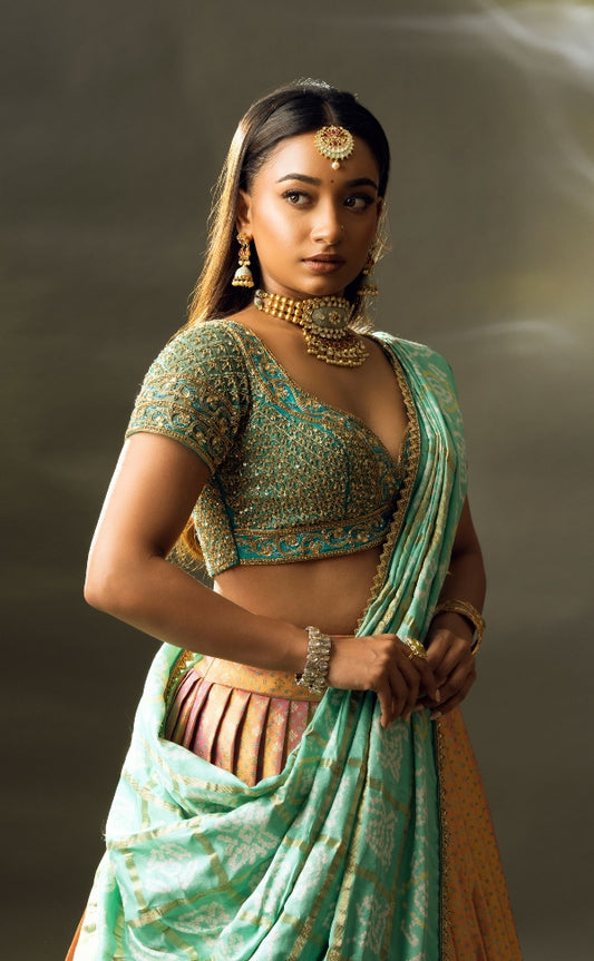 BRIDAL KANJEEVARAM HALF SAREE IN PINK AND BLUE