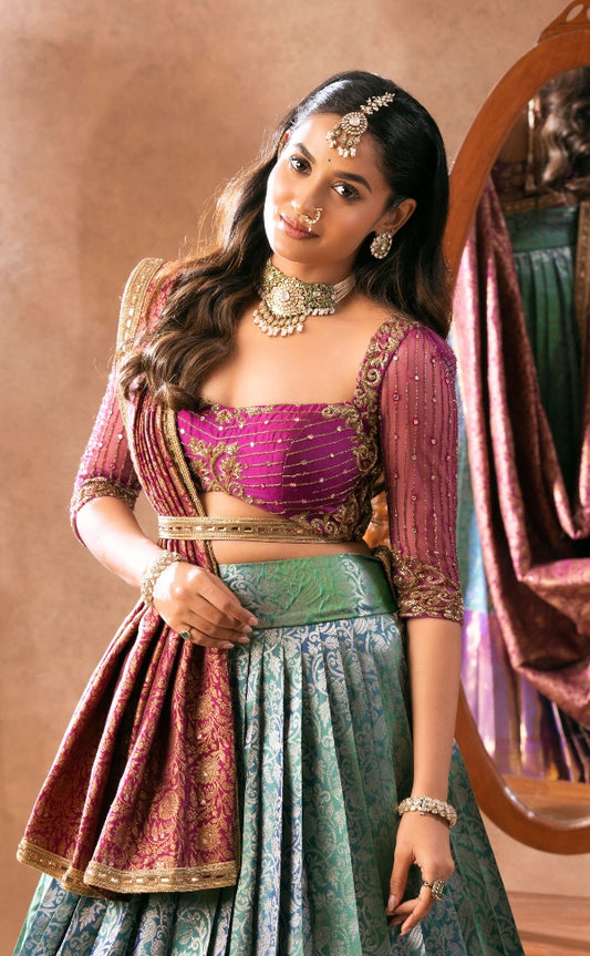 BRIDAL KANJEEVARAM HALF SAREE IN PURPLE AND BLUE