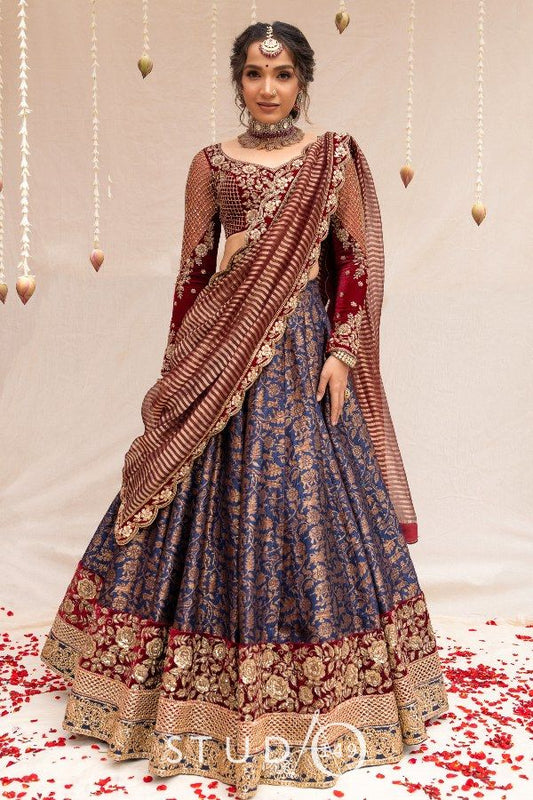 BRIDAL BANARES SILK LEHENGA IN ROYAL BLUE