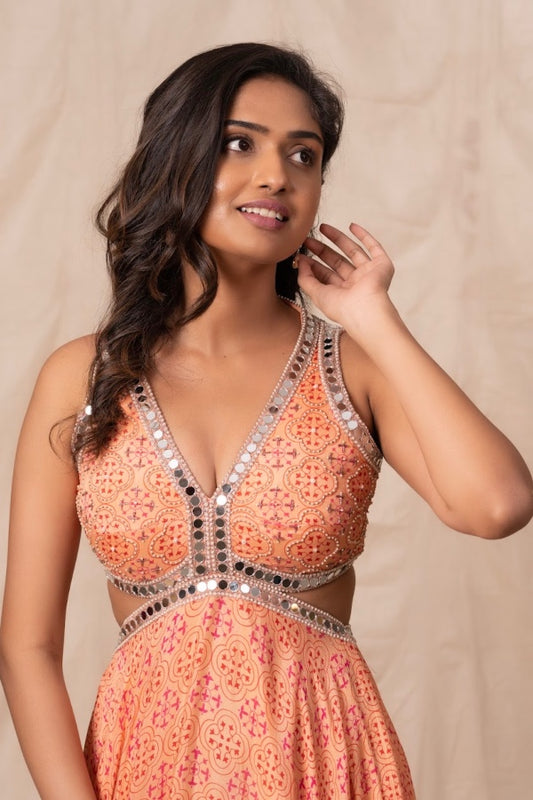 DESIGNER PRINTED ANARKALI IN PEACH
