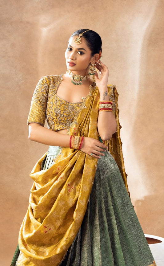 BRIDAL KANJEEVARAM HALF SAREE IN GREEN AND MUSTARD