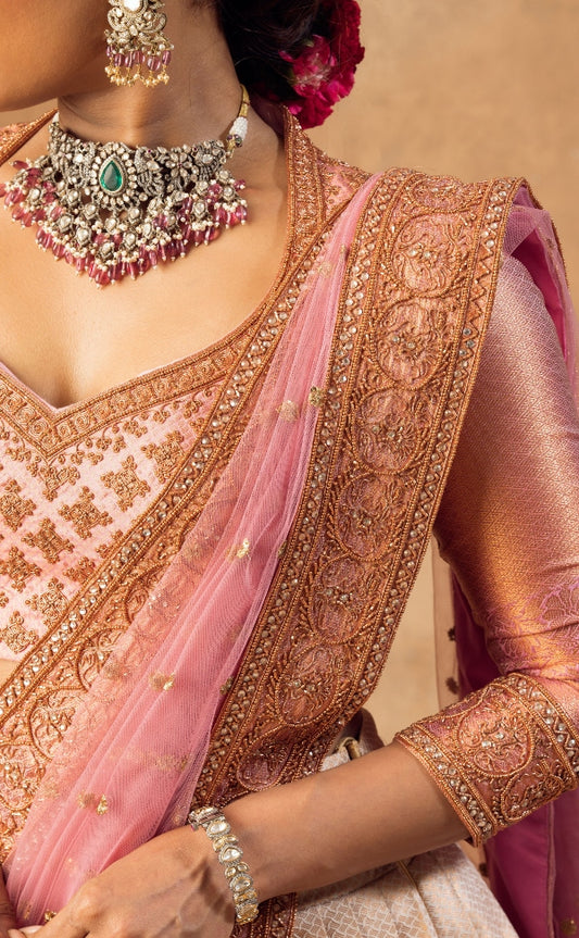 DESIGNER HALF SAREE IN OFF-WHITE AND PINK