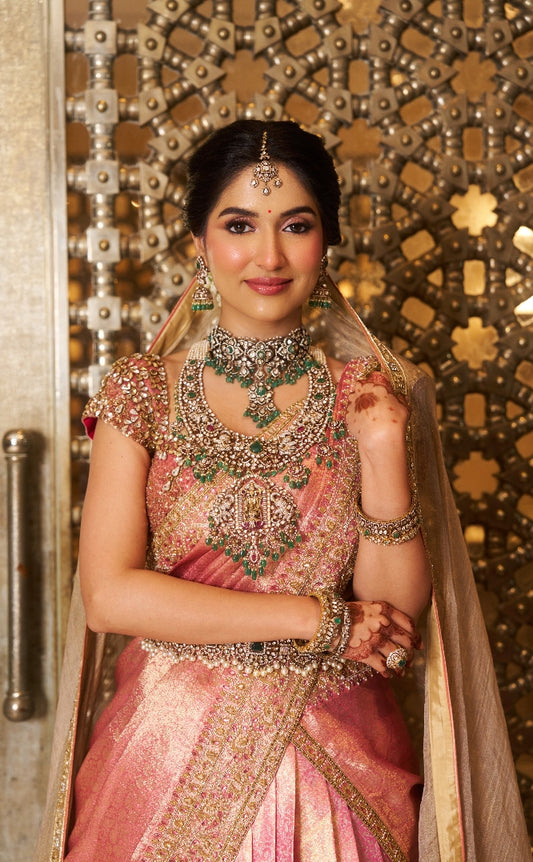 Signature Peach Bridal Kanjivaram Half Saree  | Bridal & Engagement Wear by Studio 149, Chennai