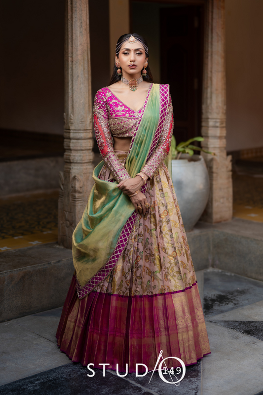 BRIDAL KANJEEVARAM HALF SAREE IN PURPLE AND GREEN