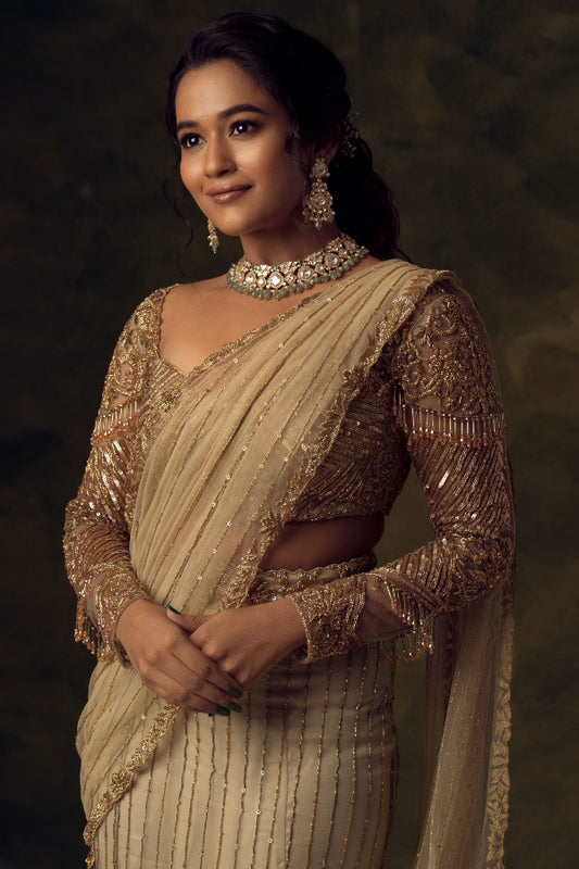 CONTEMPORARY DESIGNER WEDDING SAREE IN GOLD