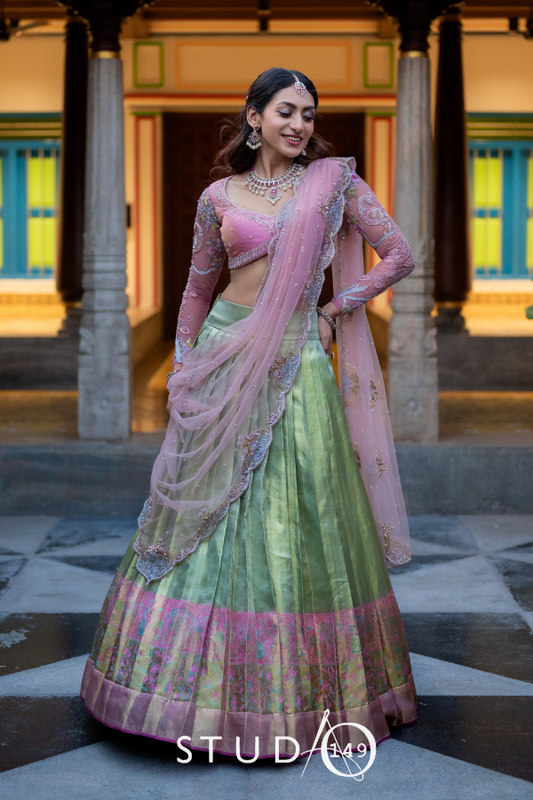 BRIDAL KANJEEVARAM HALF SAREE PINK AND MINT GREEN