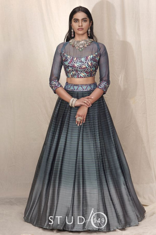 DESIGNER CROP TOP & SKIRT IN NAVY BLUE