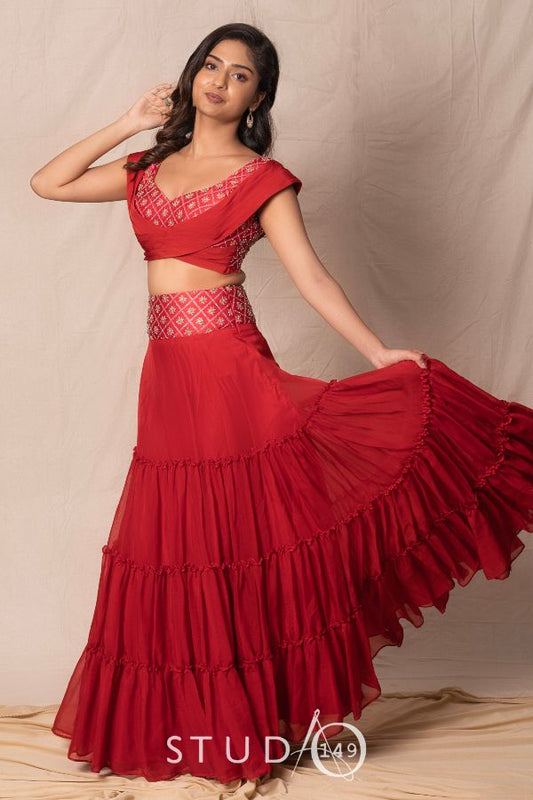 DESIGNER DRAPED CROP TOP & FLARED SKIRT