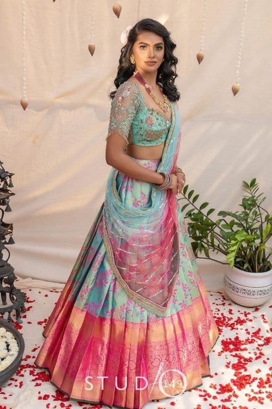 AQUA BLUE KANJEEVARAM BRIDAL HALF SAREE