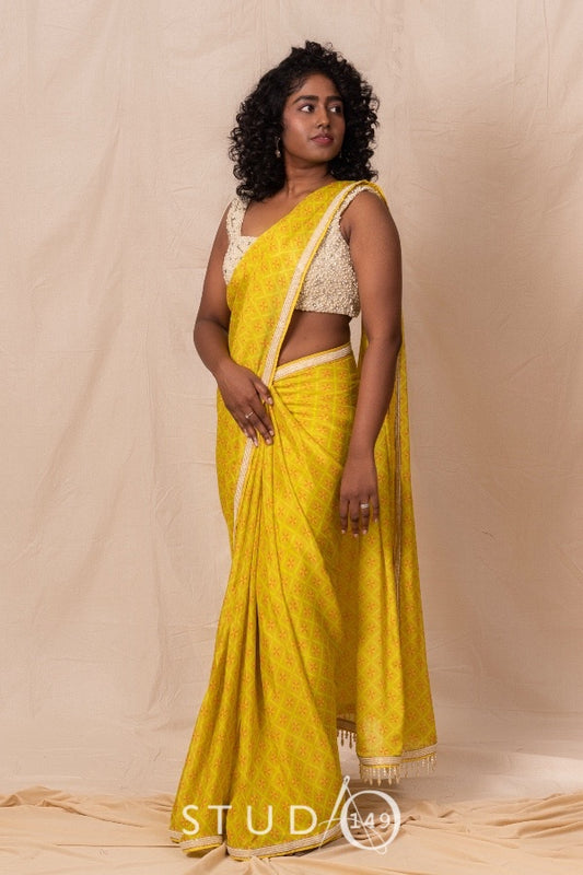DESIGNER PRINTED EMBROIDERED SAREE IN LIME