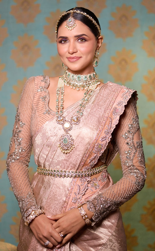 BRIDAL MUHURTAM SAREE IN SILVER AND PEACH