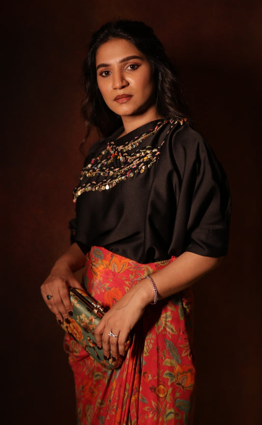 Black Embroidered Top & Pink Floral Drape Skirt Set for Cocktail and Sangeet | Studio 149 | Chennai