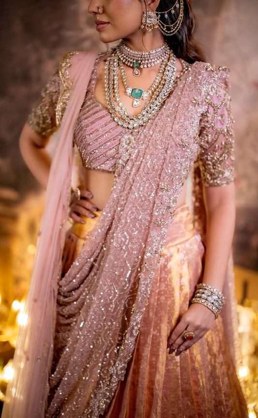 Lilac and Gold Kanjivaram Half Saree  | Bridal & Engagement Wear by Studio 149, Chennai