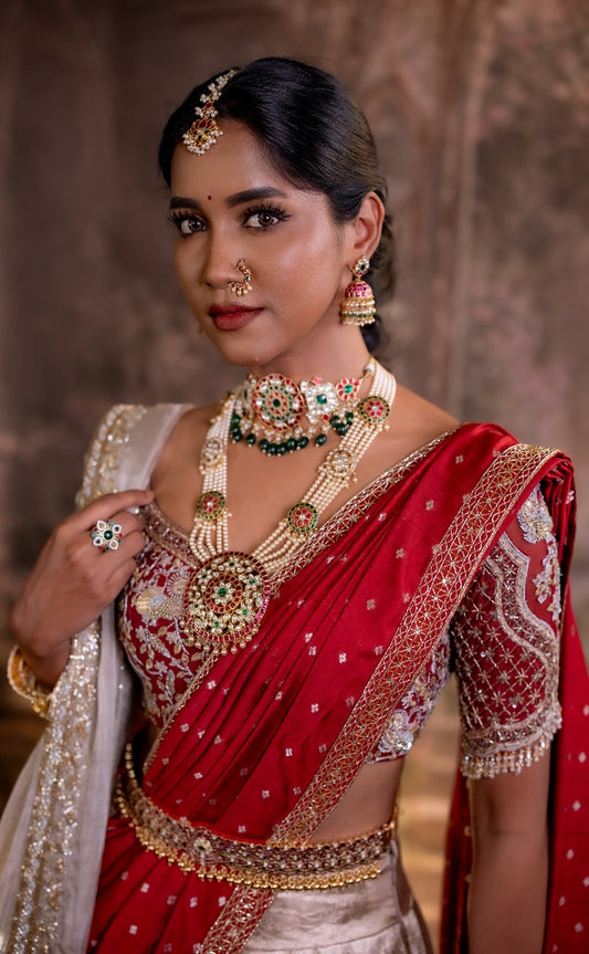 Silver and Maroon Bridal Kanjivaram Half Saree  | Bridal & Engagement Wear by Studio 149, Chennai