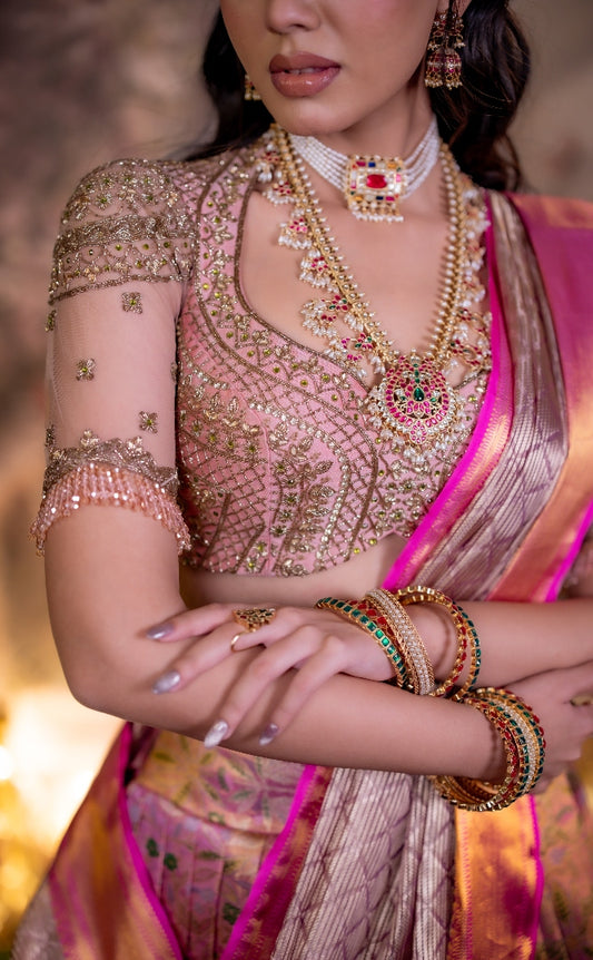 Pink Bridal Kanjivaram Half Saree  | Bridal & Engagement Wear by Studio 149, Chennai
