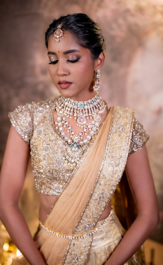 Gold Bridal Kanjivaram Half Saree  | Bridal & Engagement Wear by Studio 149, Chennai