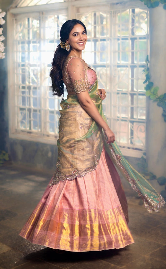 Green and Pink Bridal Kanjivaram Half Saree  | Bridal & Engagement Wear by Studio 149, Chennai