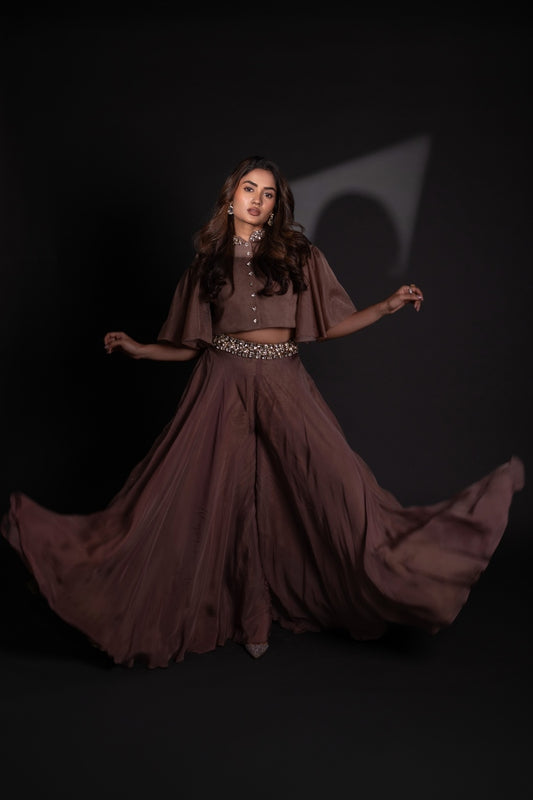 DESIGNER EMBELLISHED CO ORD SET IN BROWN