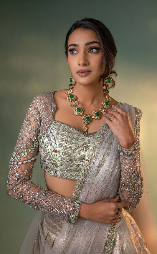 BRIDAL KANJEEVARAM HALF SAREE IN SILVER AND BLUE