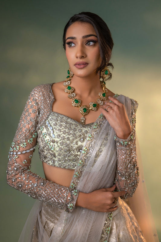 BRIDAL KANJEEVARAM HALF SAREE IN SILVER AND BLUE