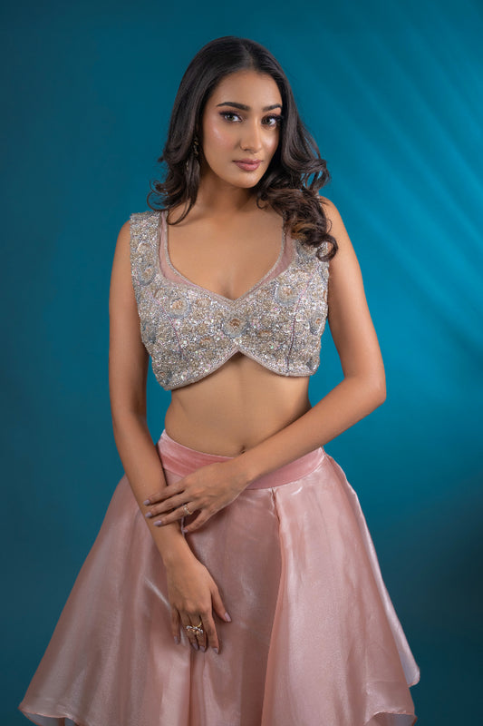 DESIGNER CROP TOP & SKIRT IN BLUSH PINK