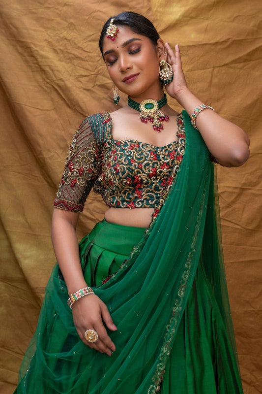 BRIDAL KANJEEVARAM HALF SAREE SET IN GREEN