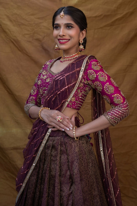 BRIDAL KANJEEVARAM HALF SAREE SET IN PINK & PURPLE