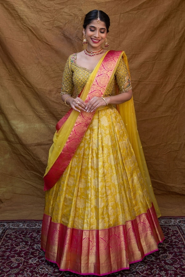BRIDAL KANJEEVARAM HALF SAREE SET IN YELLOW – Studio 149 Fashion