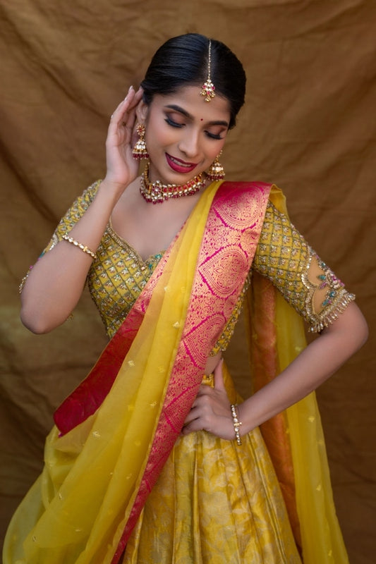 BRIDAL KANJEEVARAM HALF SAREE SET IN YELLOW