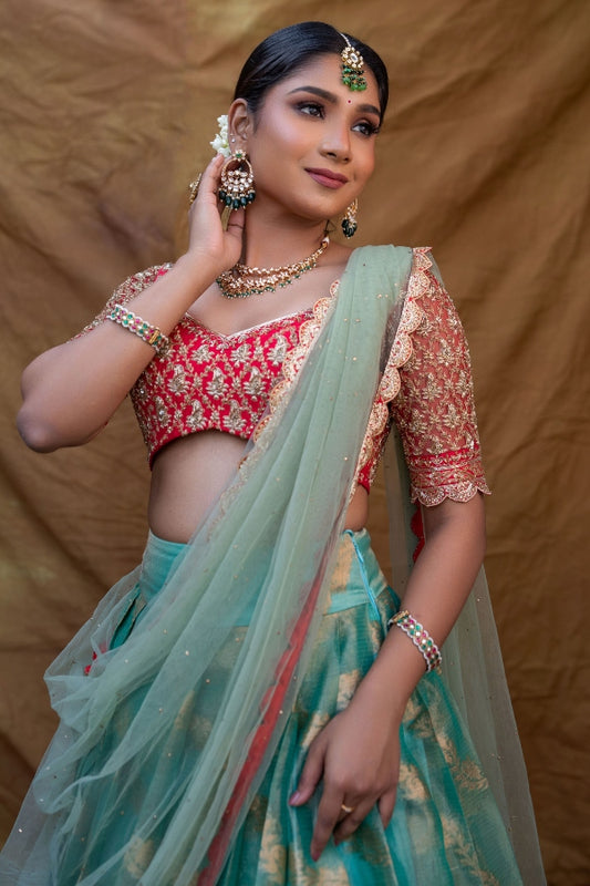 DESIGNER CHANDERI HALF SAREE SET IN GREEN