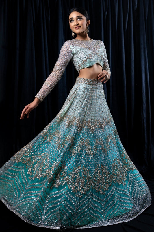 DESIGNER RECEPTION LEHENGA IN AQUA BLUE