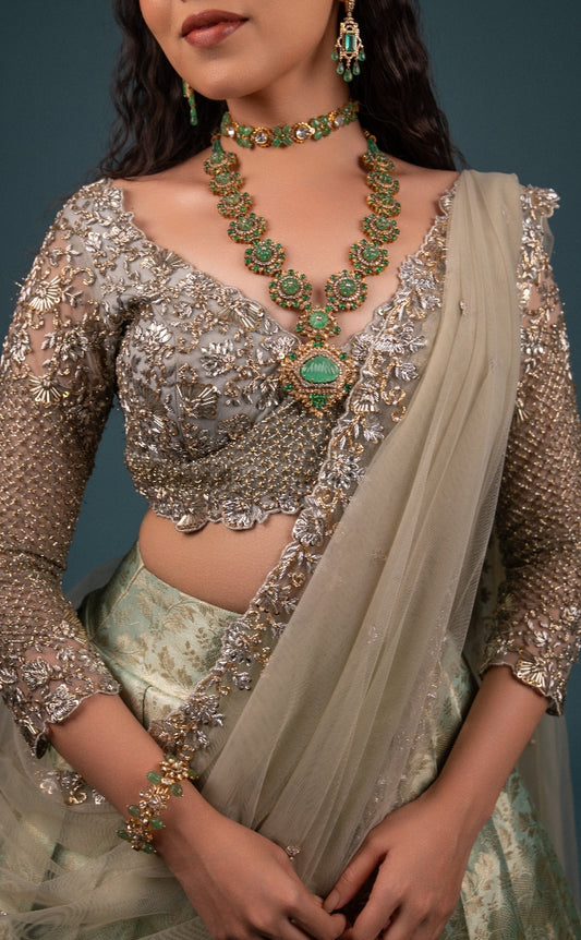BRIDAL KANJEEVARAM HALF SAREE IN BLUE AND SILVER