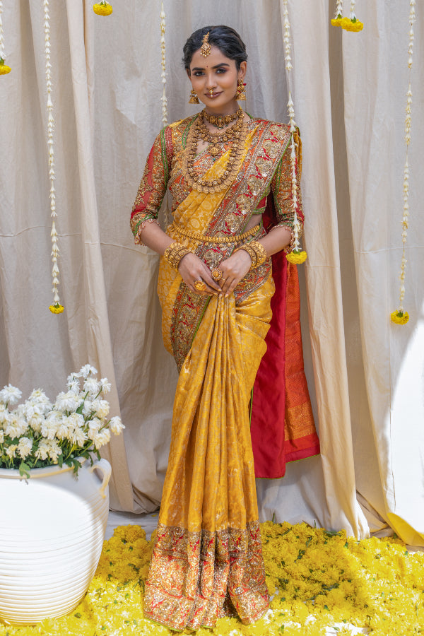 Gold Tamil Wedding Saree Designs Golden Yellow Embroidered