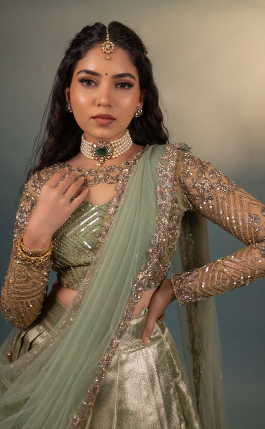 KANJEEVARAM BRIDAL HALF SAREE SET IN MINT GREEN