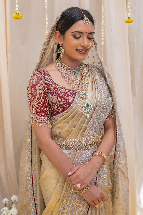 BRIDAL MUHURTAM SAREE IN PINK AND OFF-WHITE
