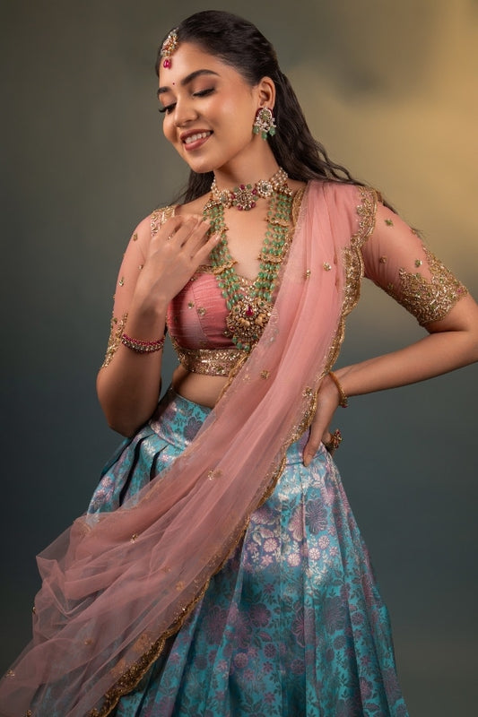 BRIDAL KANJEEVARAM HALF SAREE SET IN BLUE & PINK