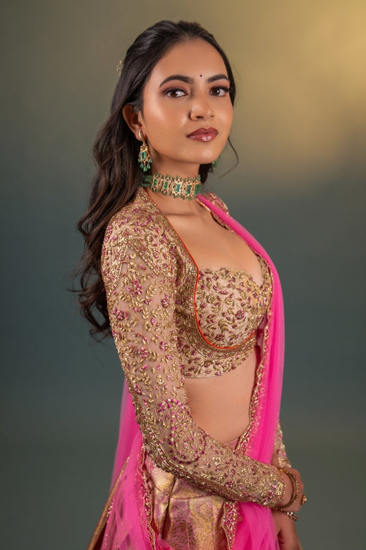 BRIDAL KANJEEVARAM HALF SAREE SET IN PINK & GOLD