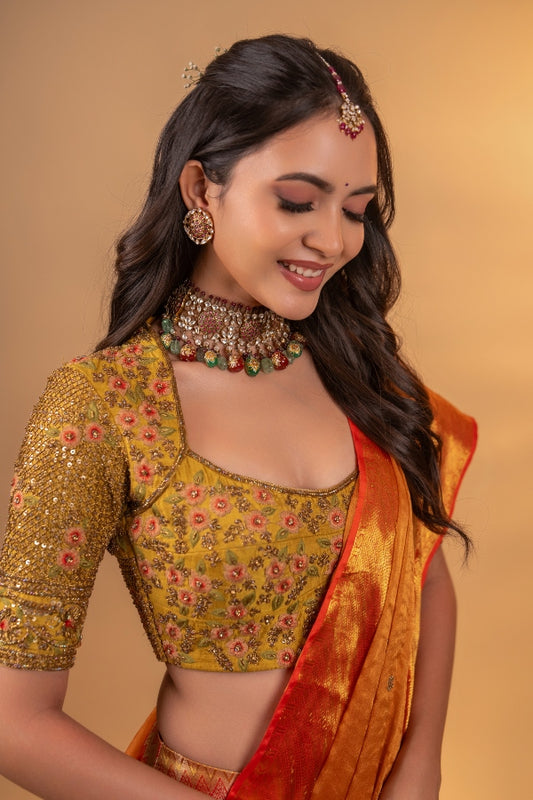 BRIDAL KANJEEVARAM HALF SAREE IN MUSTARD & RUST