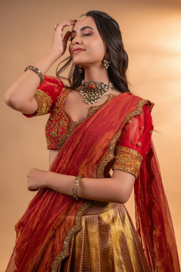 BRIDAL KANJEEVARAM HALF SAREE IN GOLD RED - Main Image