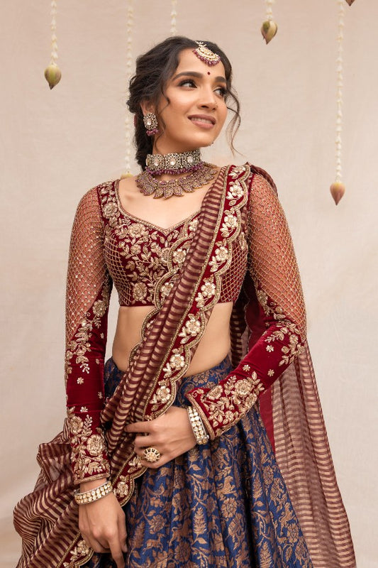 BRIDAL BANARES SILK LEHENGA IN ROYAL BLUE